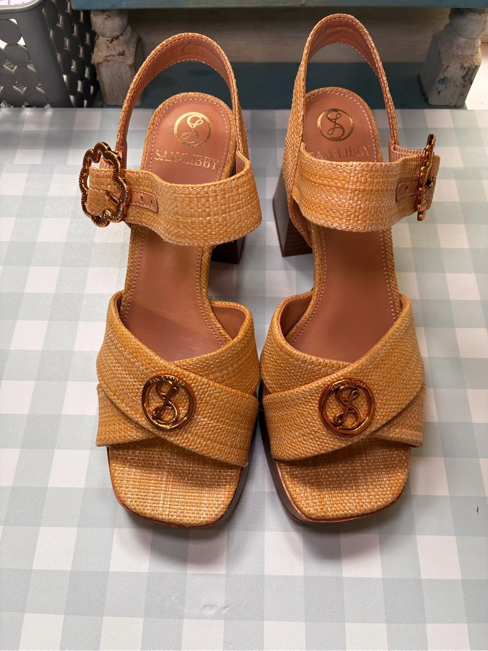 New Sam & Libby Kristy 8 Tan Woven raffia straw Slingback chunky heels sandals